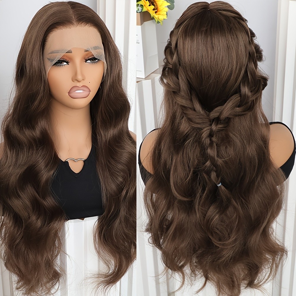 Long Wavy Synthetic Lace Front Wigs Pre Plucked Hairline Glueless Natural Brown