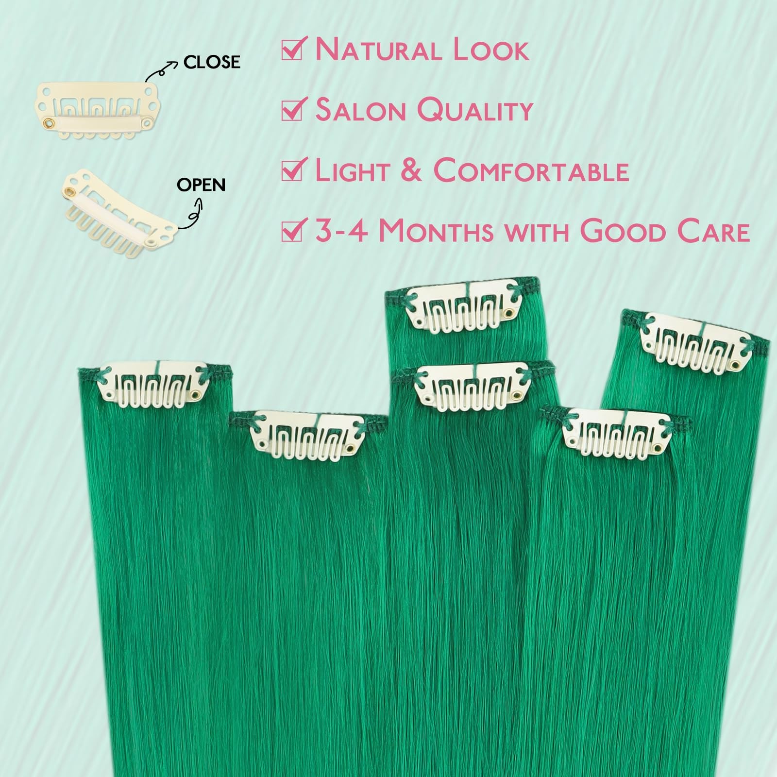Green Clip in Hair Extensions Real Human Hair 35g 6pcs 20 Inch Colored Hair E…