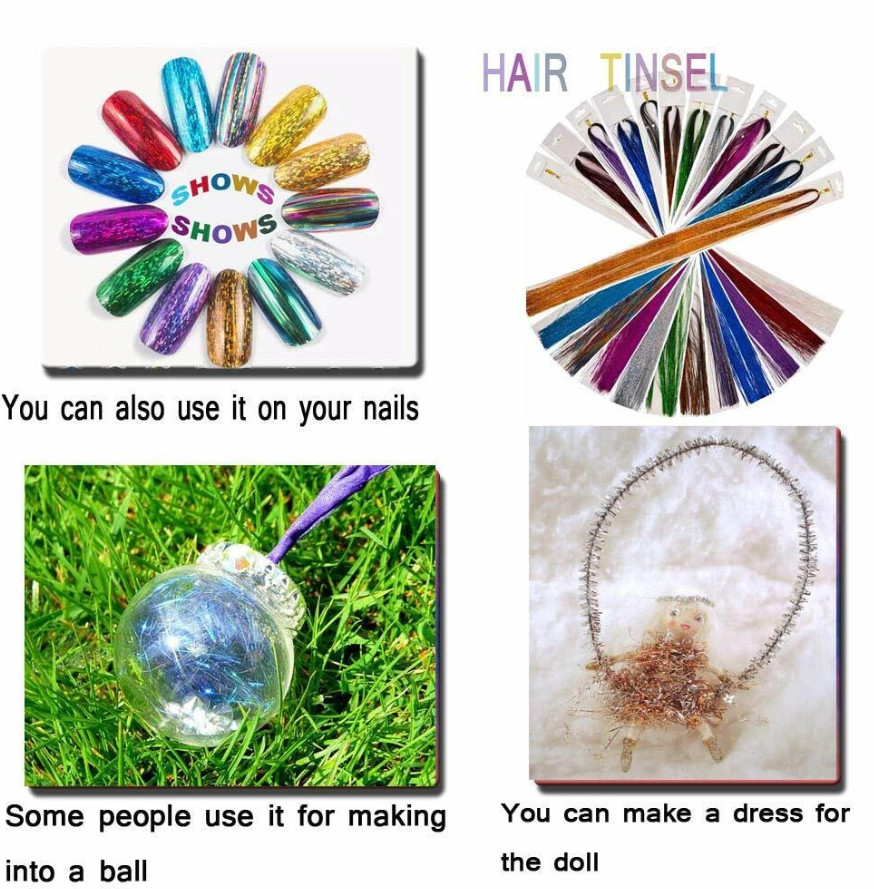 US 600 Strands Holographic Sparkle Woman Hair Glitter Tinsel Extensions Dazzles