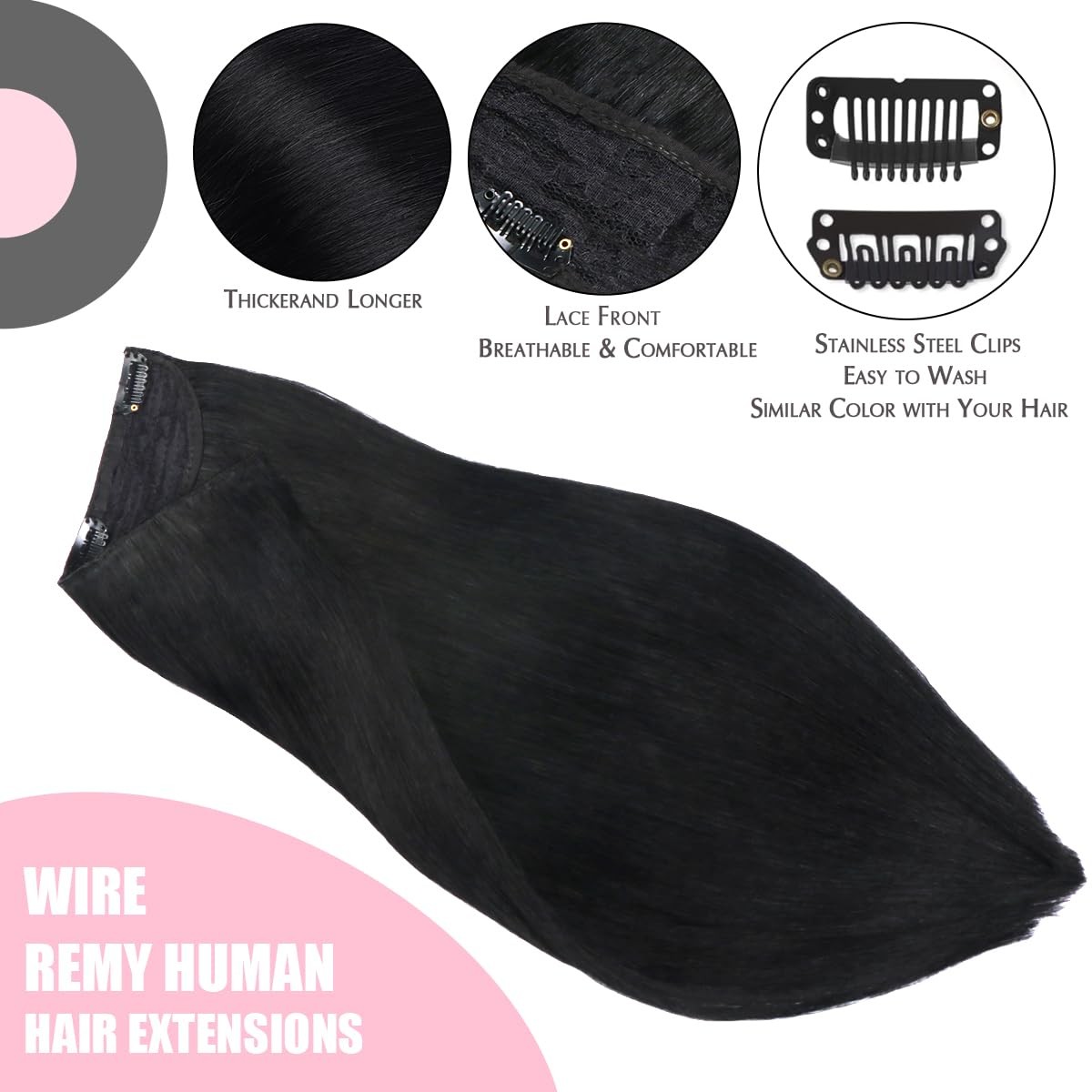 SURNEL Wire Hair Extensions, Jet Black 65g 14 Inch, Invisible Wire Extensions Re