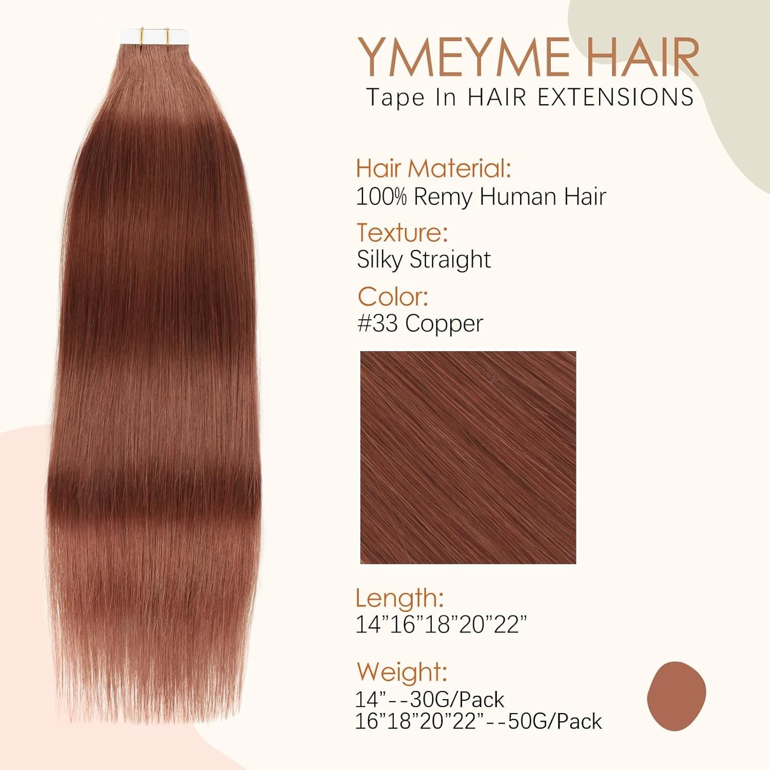 Tape in Hair Extensions Human Hair, Reusable Seamless Weft, 20Pcs, Copper, 18″