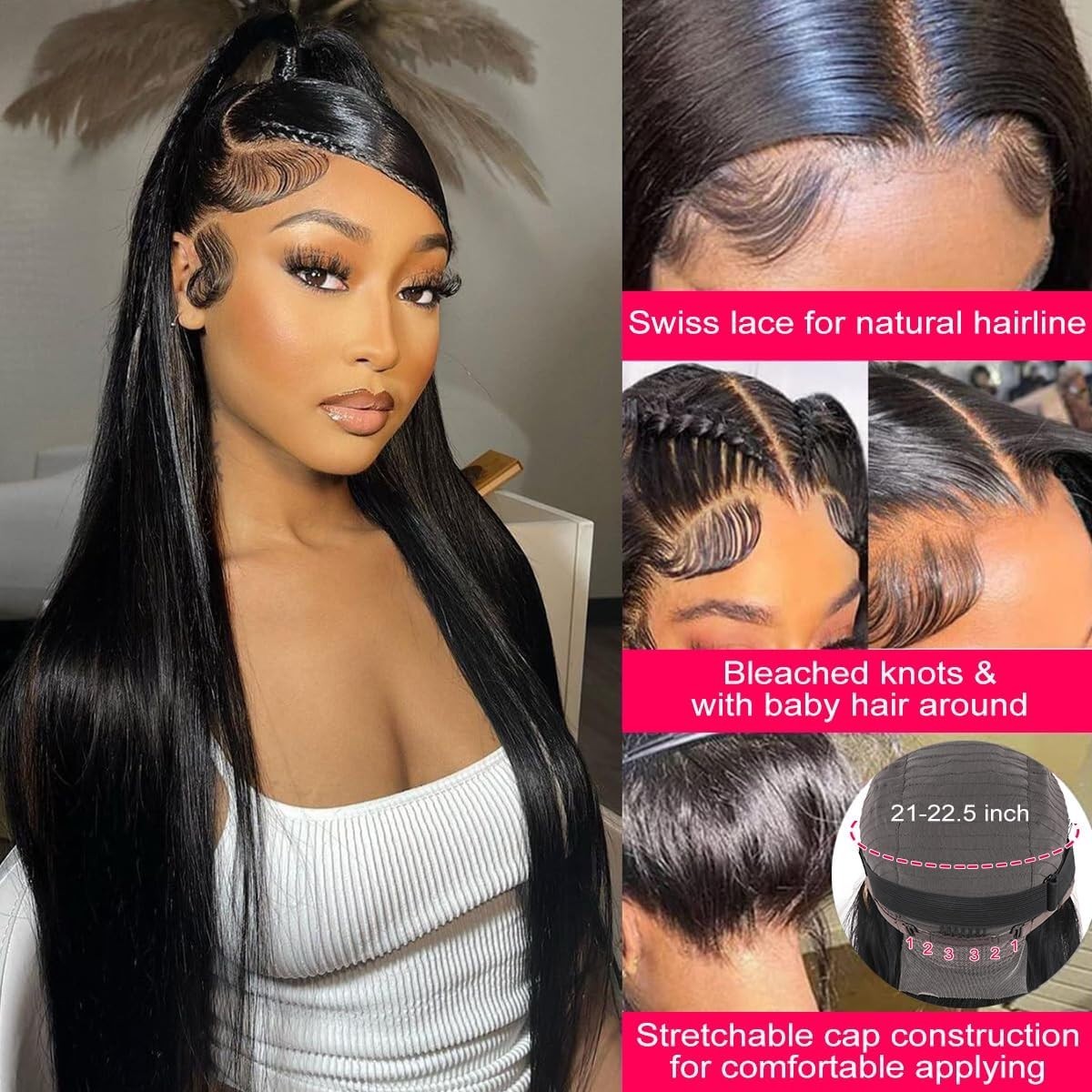 36 Inch Straight Human Hair Wig – 13×6 Lace Front, Pre-Plucked, Glueless, 180% D