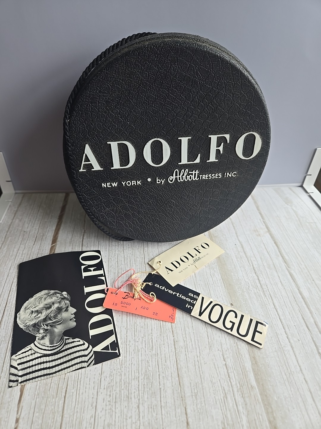Midcentury Adolfo Wig Box, Vintage Round Black Plastic Wig Box, 1960s With Tags