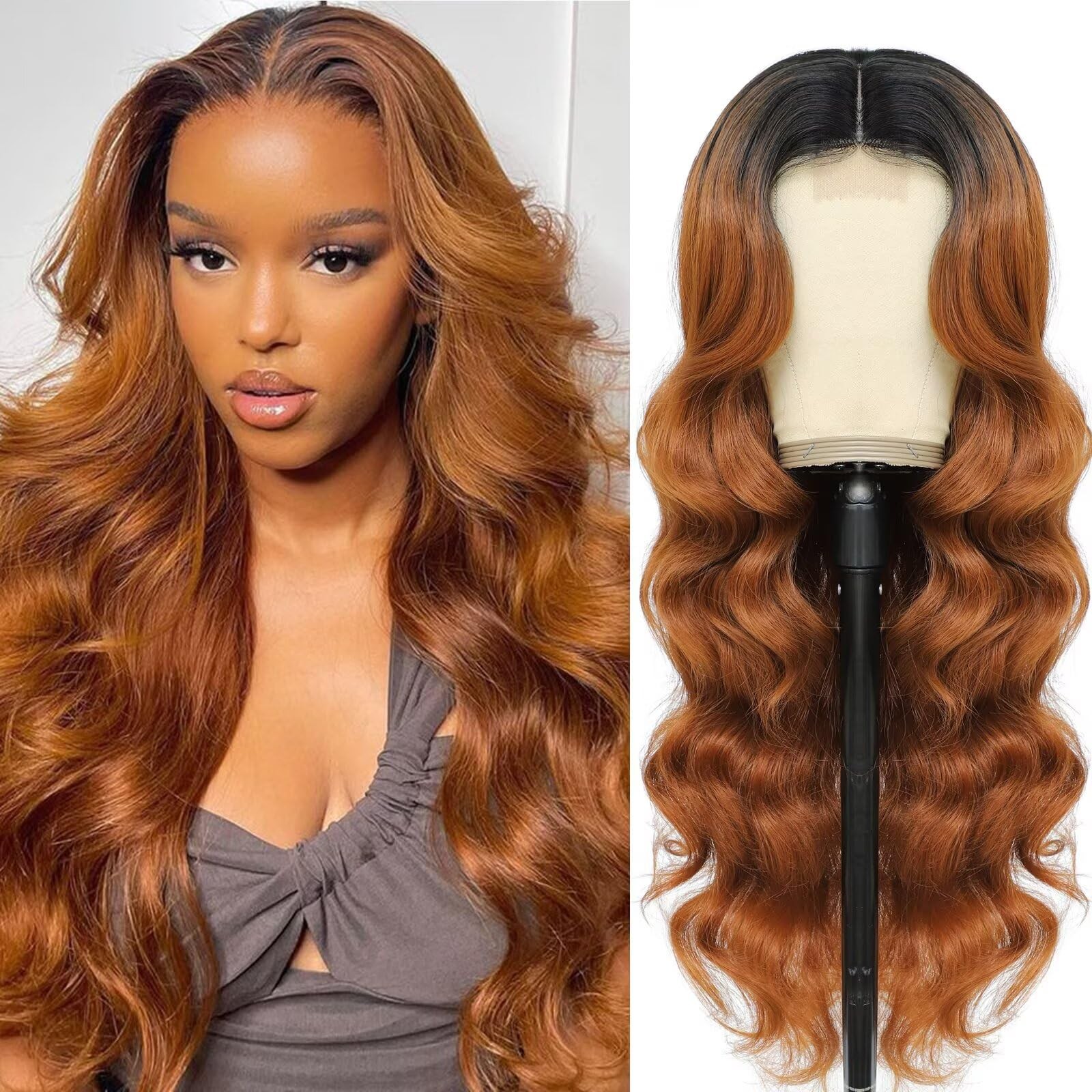 Ombre Brown Wig For Women 28 Inch Long Wavy Synthetic Lace Front Wig 1b/30 Mi…