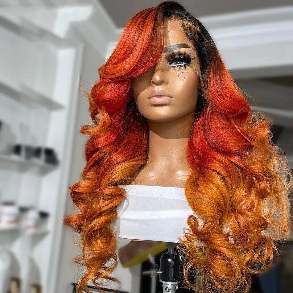 Ombre 1B Red Orange Body Wave Lace Front Human Hair Wig Pre-Plucked