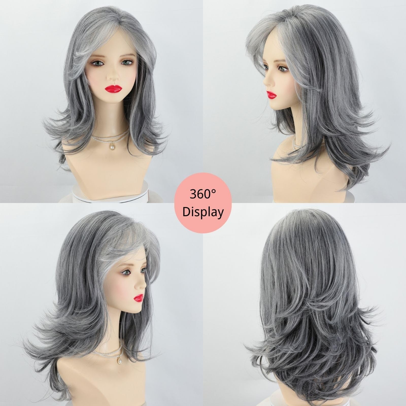 Fencca 20 Inch Silver Grey Salt Pepper Wig Curtain Bangs Long Layered Wave