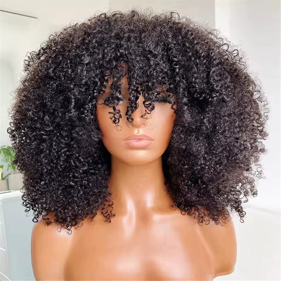 Glueless Bob Wigs Black Human Hair Short Afro Kinky Curly Wigs with Bangs 250%