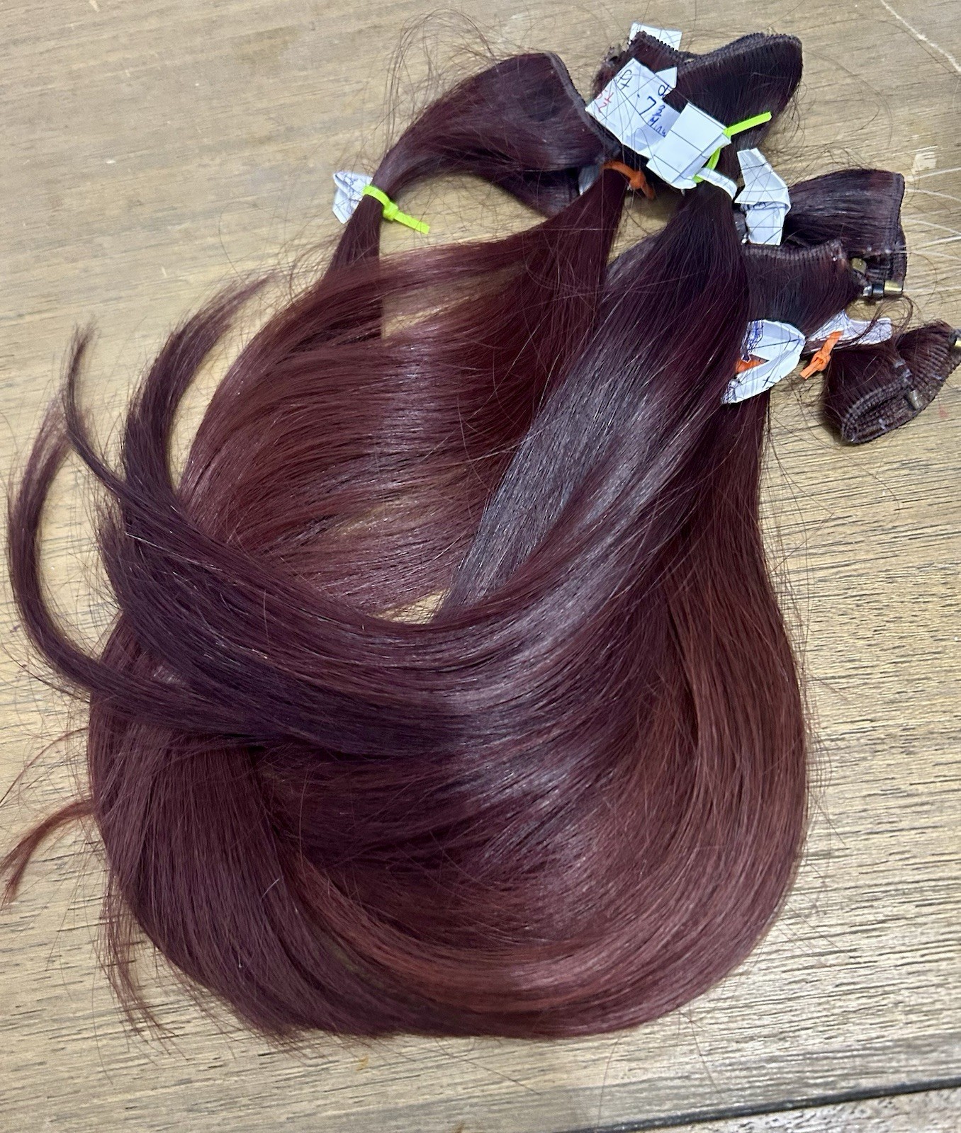 Beaded 30” Machine-tied weft extension 93g Remy Human Hair Dark Red/ burgany 14”