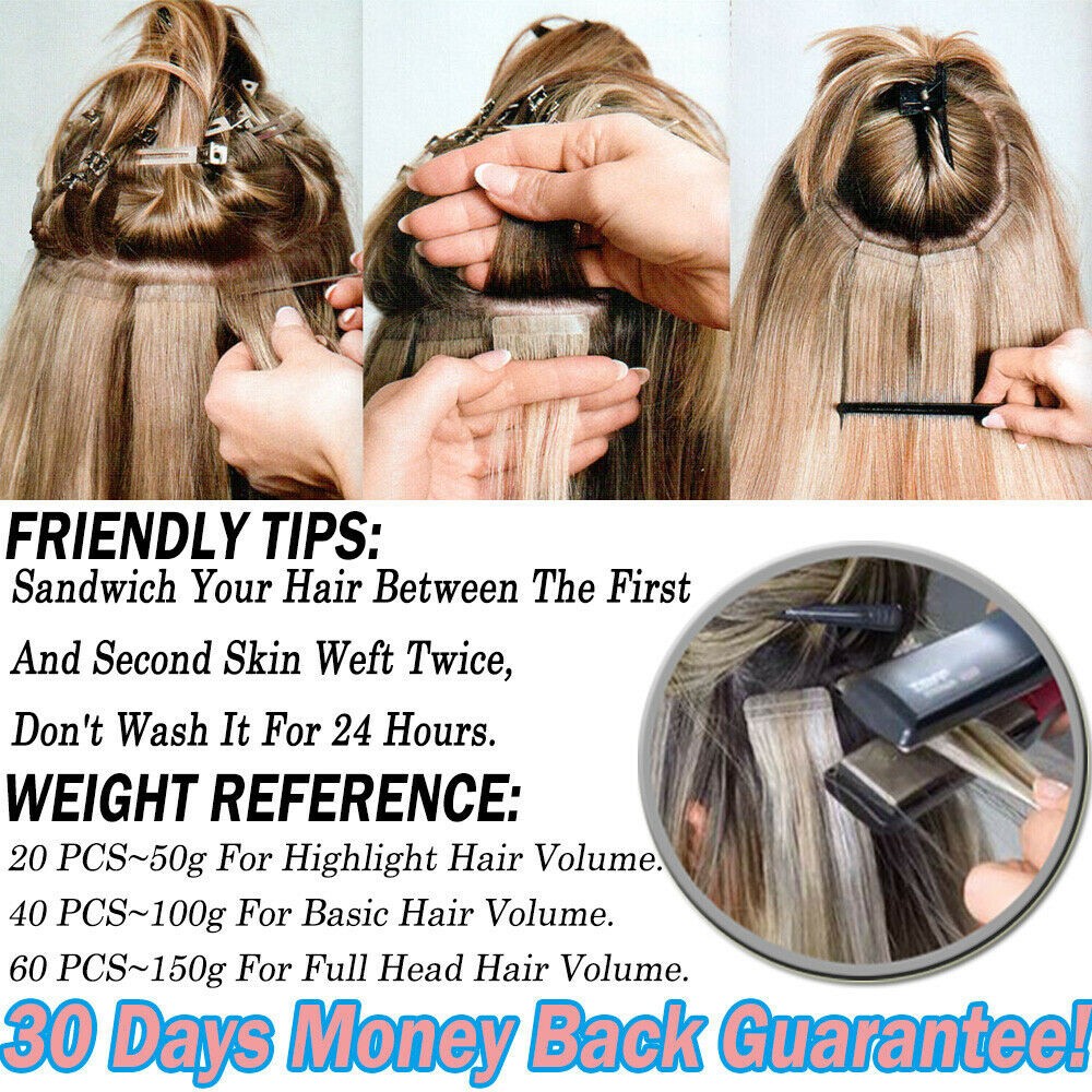 Tape In Remy Human Hair Extensions Invisible Seamless Skin Weft Thick Long 60pcs