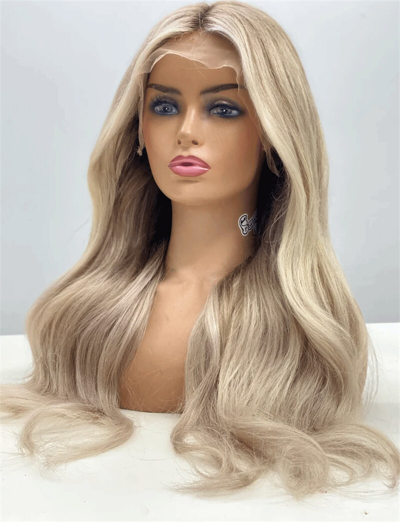 Balayage Ash Blonde Lace Front Wig Ombre Platinum Blonde Highlights Remy Hair