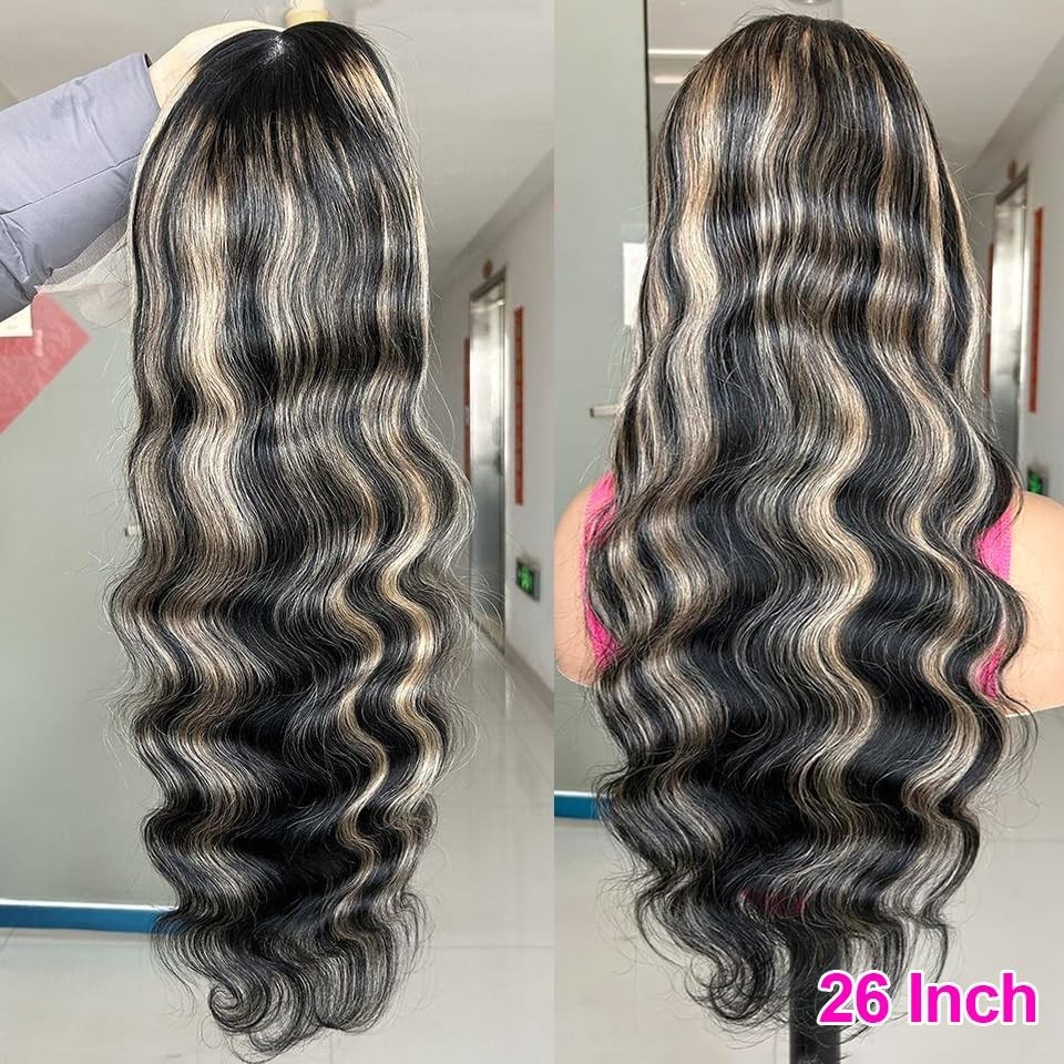 26″ Brazil Human Hair Wig Black+Blonde Highlight Body Wave 13×6 Lace Front 1B/27