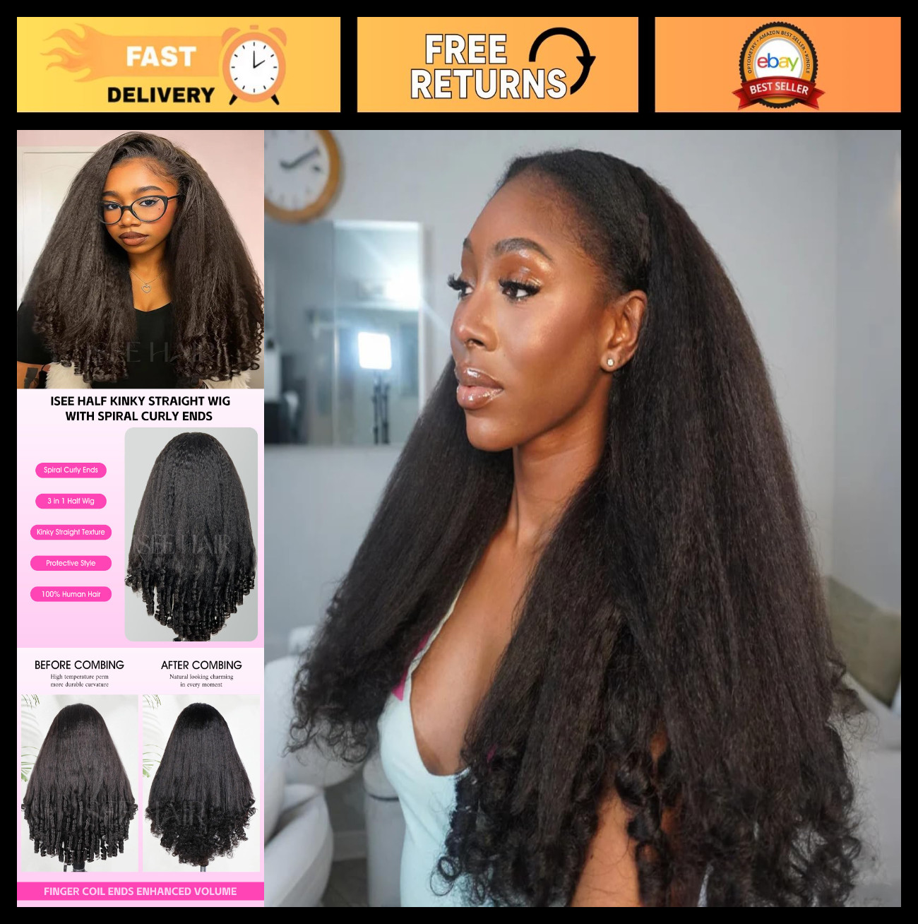 Kinky Straight Half Wig with Spiral Curly Ends – 22″ Glueless, Adjustable, 180%