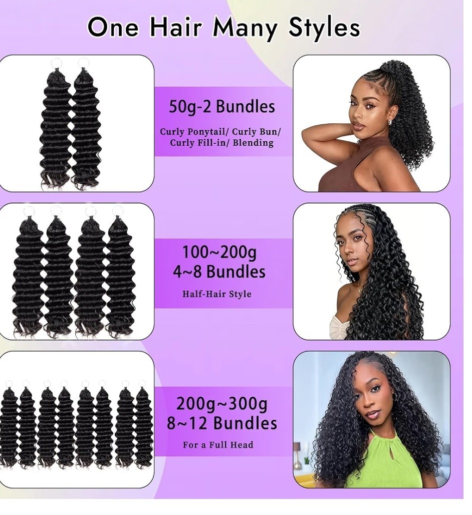 Feather Crochet Deep Wave Human Hair Miracle Knots Pre Separated 50g 22″ 1B