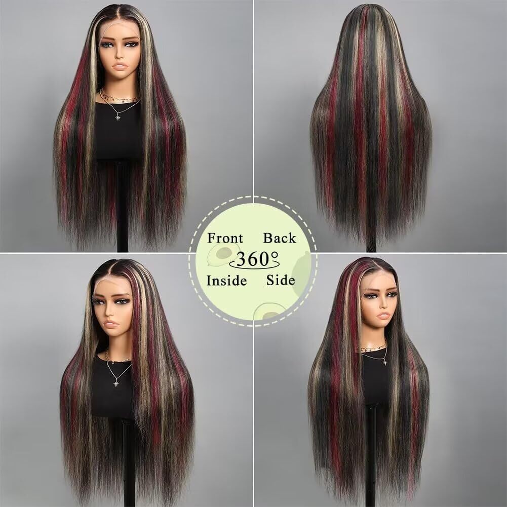 Red Blonde and Black Human Hair Wig 13×4 Skunk Stripe Lace Front Straight Wigs