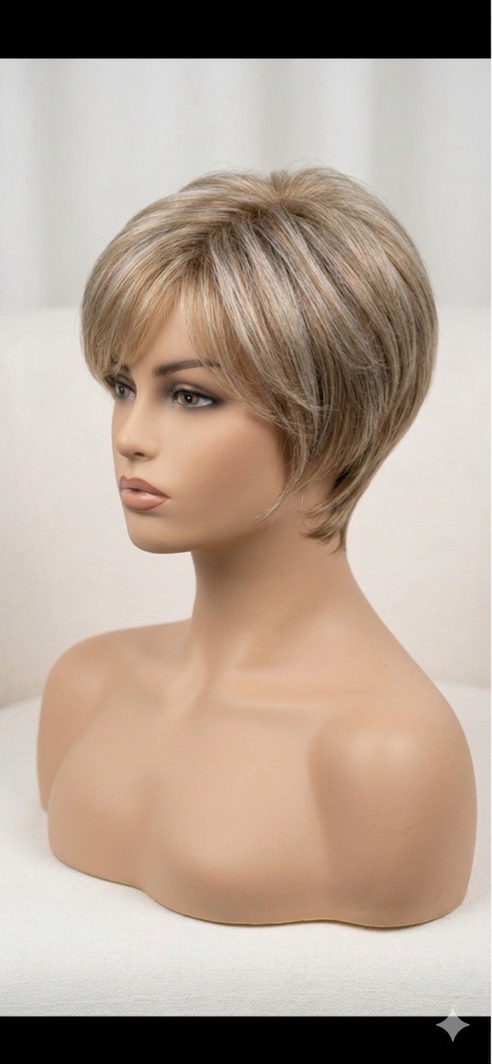 Women’s Short Layered Blonde Mix Synthetic Wig with Bangs for Daily Wear