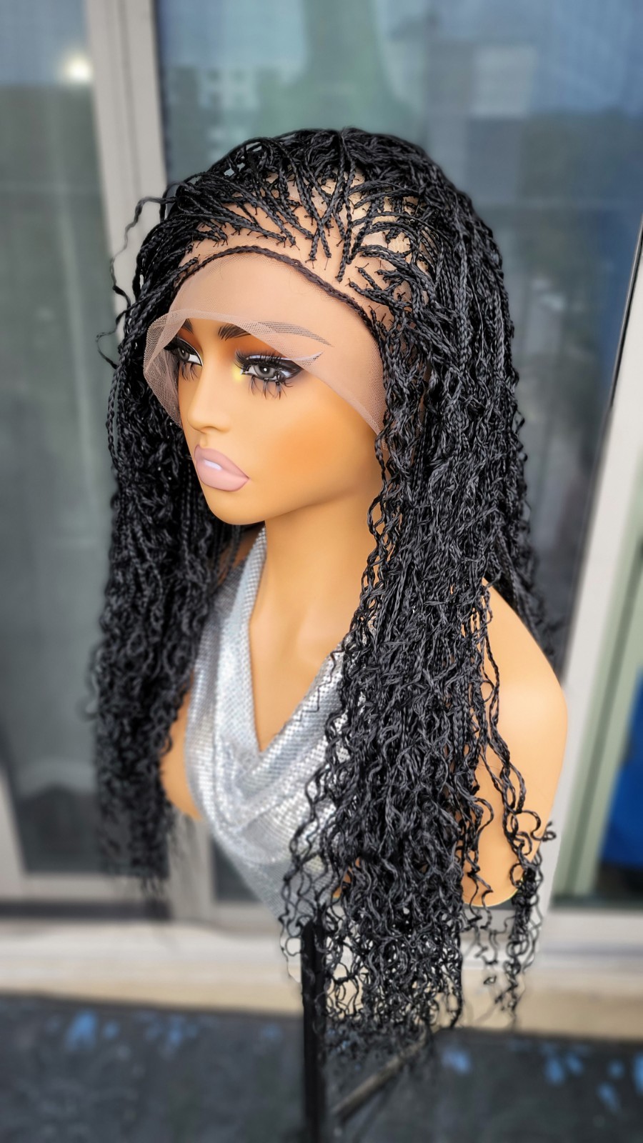 Braided Wig 22″ Micro Boho Braids Jet Black Full Lace Glueless Handmade Long NWT