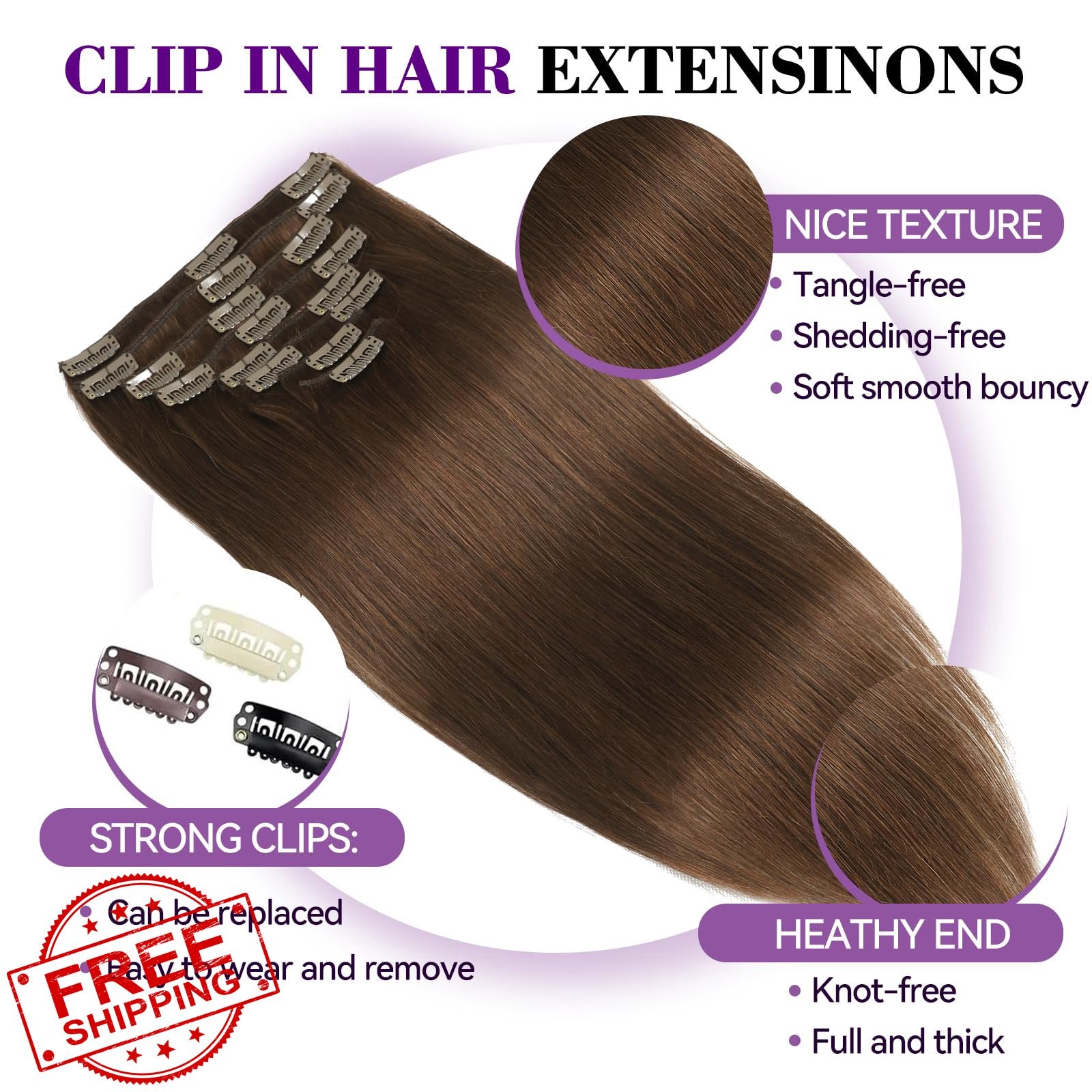 Ugeat 24″ Clip-in Human Hair Extensions Chocolate Brown 120g Double Weft 8pcs