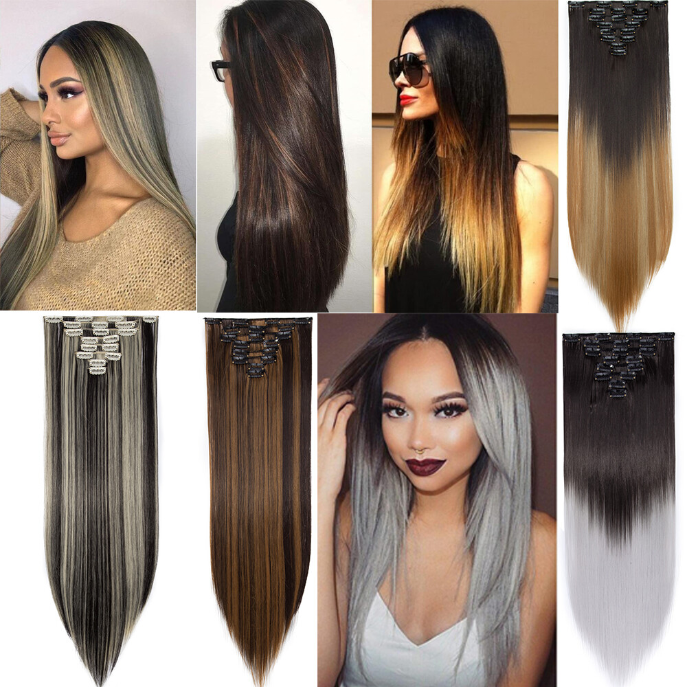 Thick 8Pcs 18Clips Clip in Full Head Hair Extensions Curly Straight For Woman US