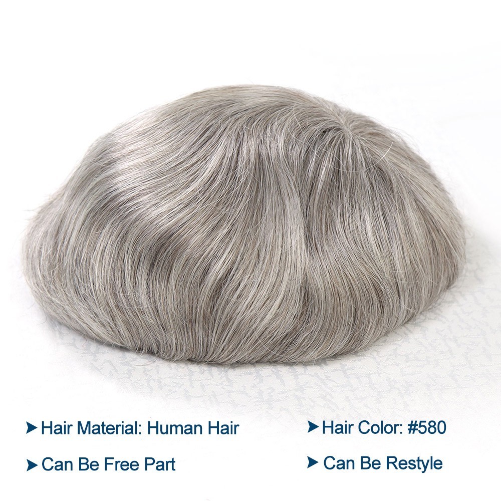 Men 100% Human Hair Toupee Replacement Hairpiece #580 Poly and Mono Base