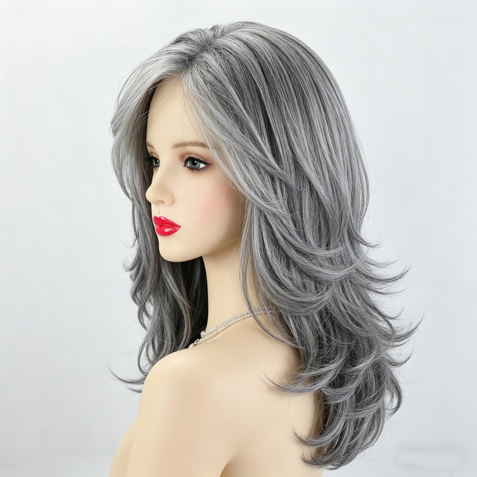 Fencca 20 Inch Silver Grey Salt Pepper Wig Curtain Bangs Long Layered Wave