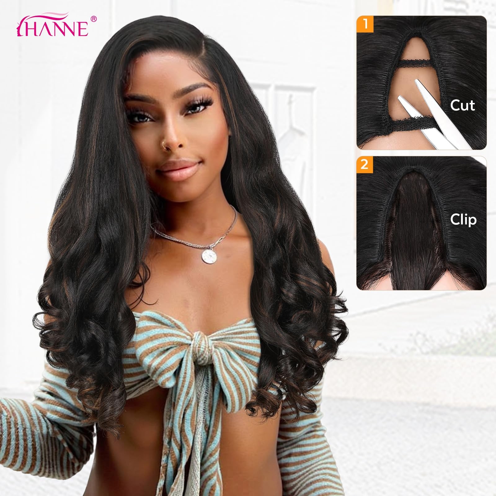 HANNE Yaki Curly V Part Wig U Part Synthetic Half Wigs for Black Women 22 Inch H