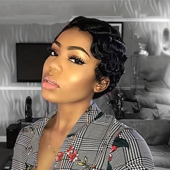 Black Short Finger Wave Wig 100% Human Hair Wig Lace Front Remy Glueless Natural