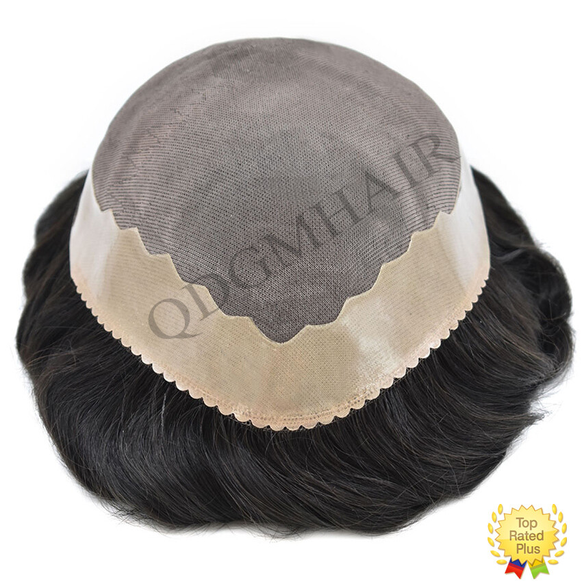 Fine Mono Mens Toupee Hairpiece Black Human Hair Poly Around Replacement Systems