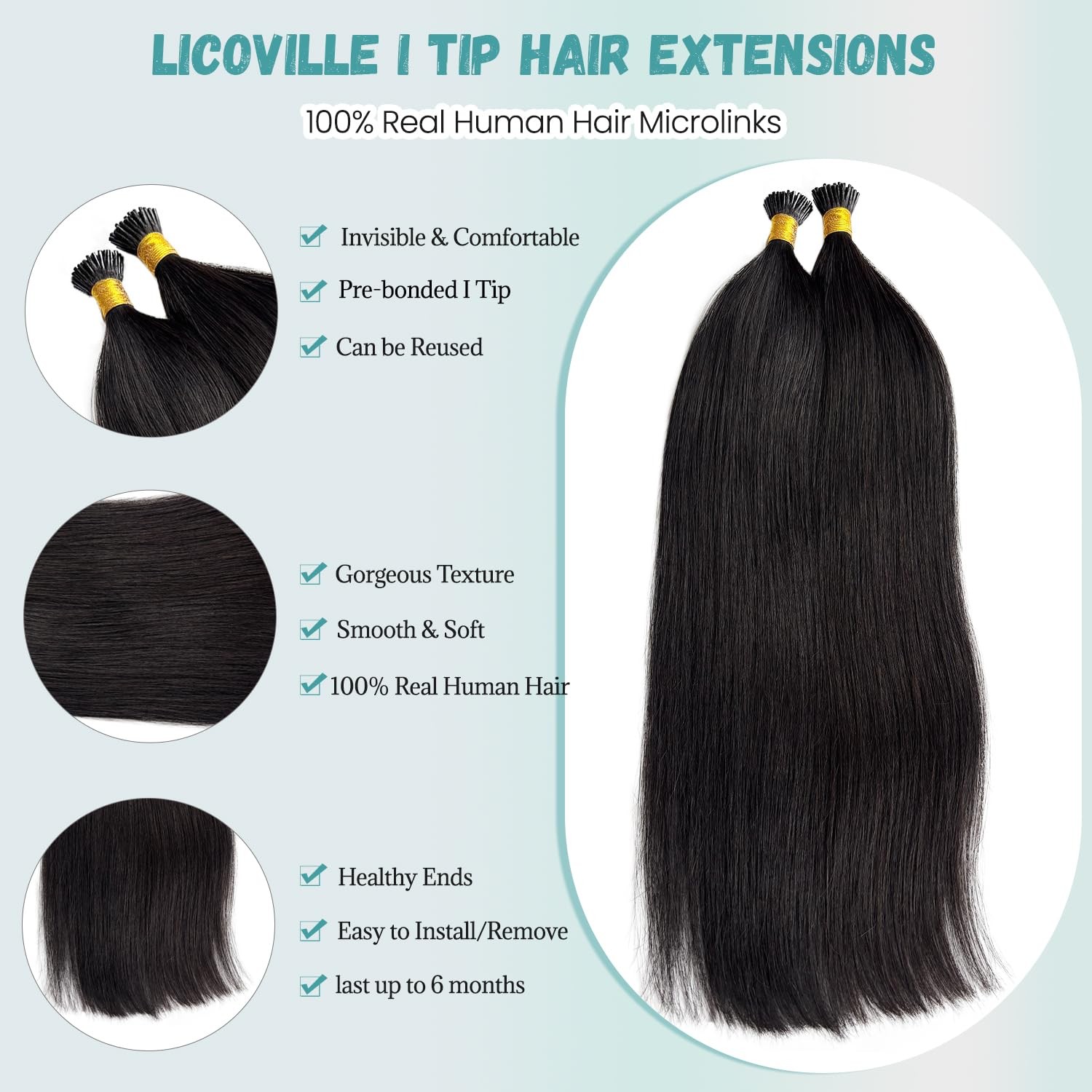 Licoville I Tip Hair Extensions Human Hair Silky Straight 18 Inch Natural Black