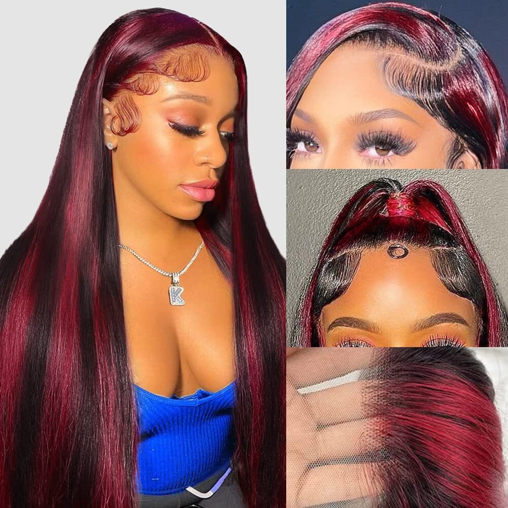 Black Wigs With Red Highlights Streak 100% Human Hair Lace Front Wigs 13×4