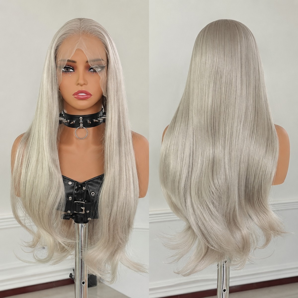 Long Straight Lace Frontal Wigs Silver Synthetic Hair Heat Resistant Layered