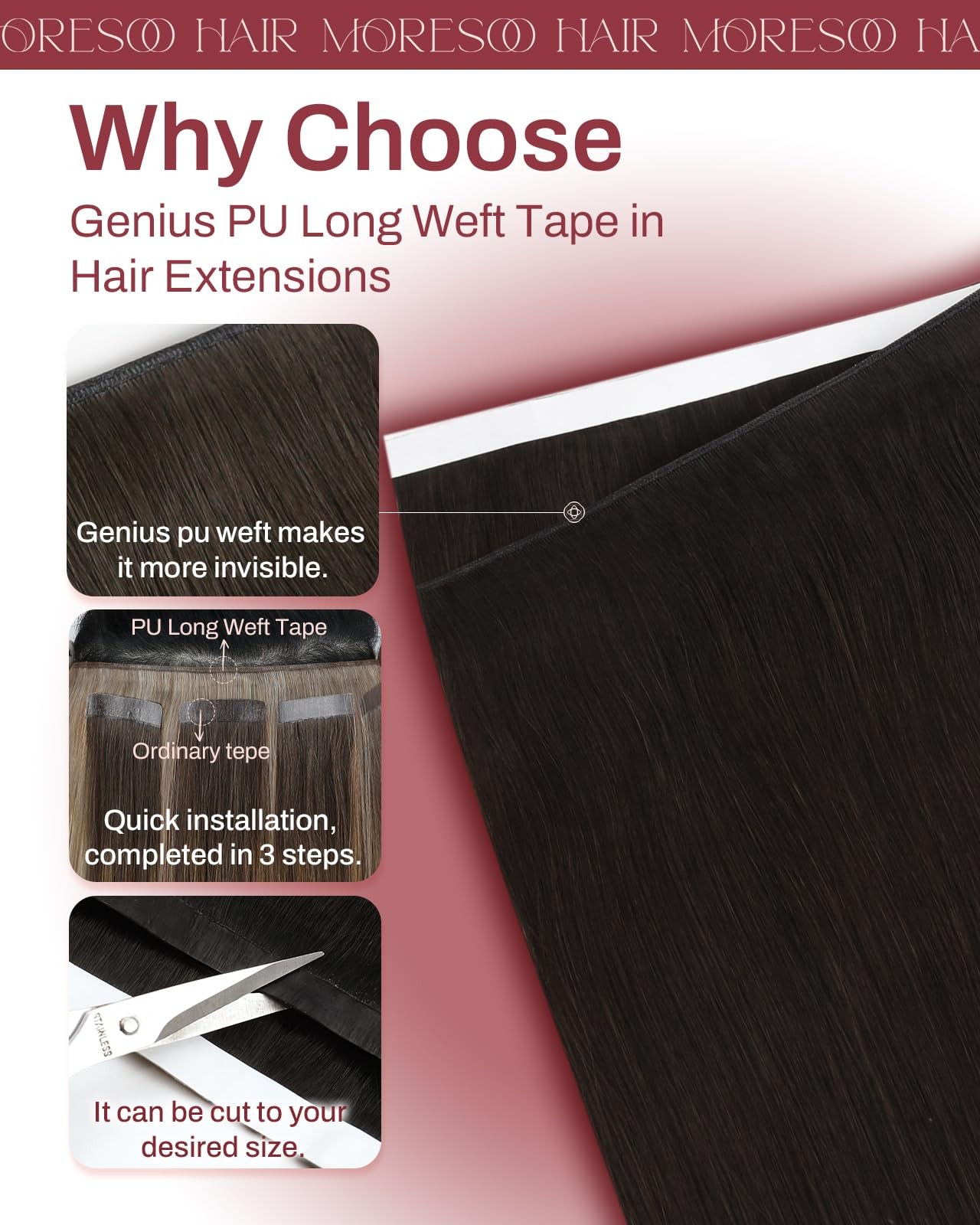 Tape in Weft Human Hair Extensions 16 Inch 65g Dark Brown – Invisible PU