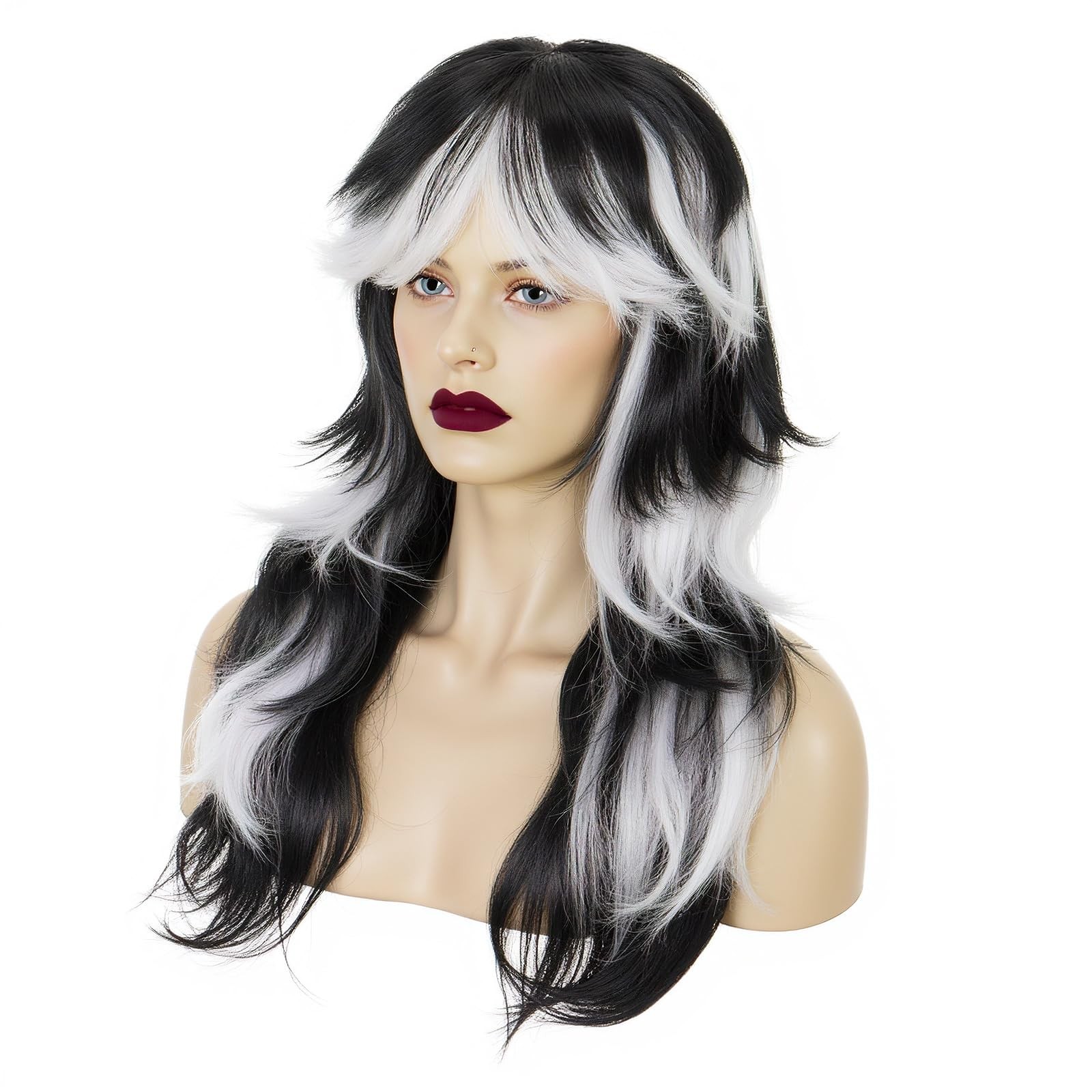 IMEYLE Black and White Wig Long Black White Gradient Wavy Wigs Layered Wolf C…