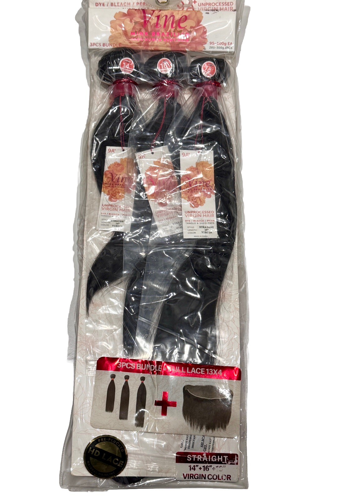 9A Mink Brazilian Virgin Hair Straight 3PC Bundle + 13×4 HD Lace 14”+16”+18”