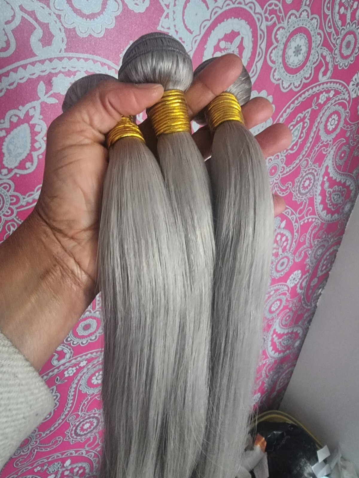 PURE SILVER GREY BRAZILIAN VIRGIN HUMAN HAIR SILKY STRAIGHT 30+30+30INCH 300g