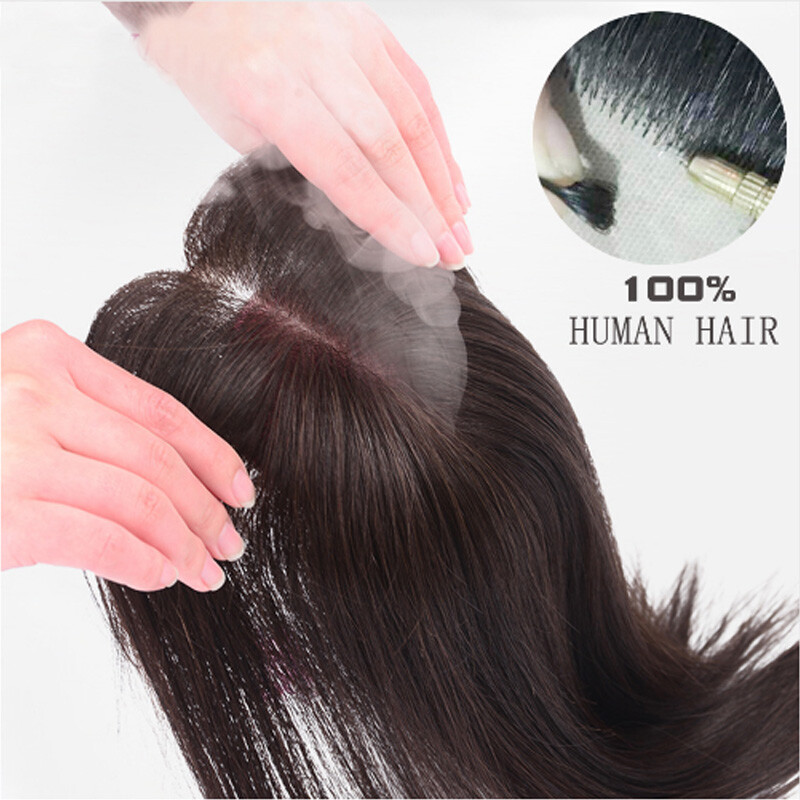 Silk Base 100%Human Hair Topper Clip in Hairpiece Wig Toupee Top Piece Side Part