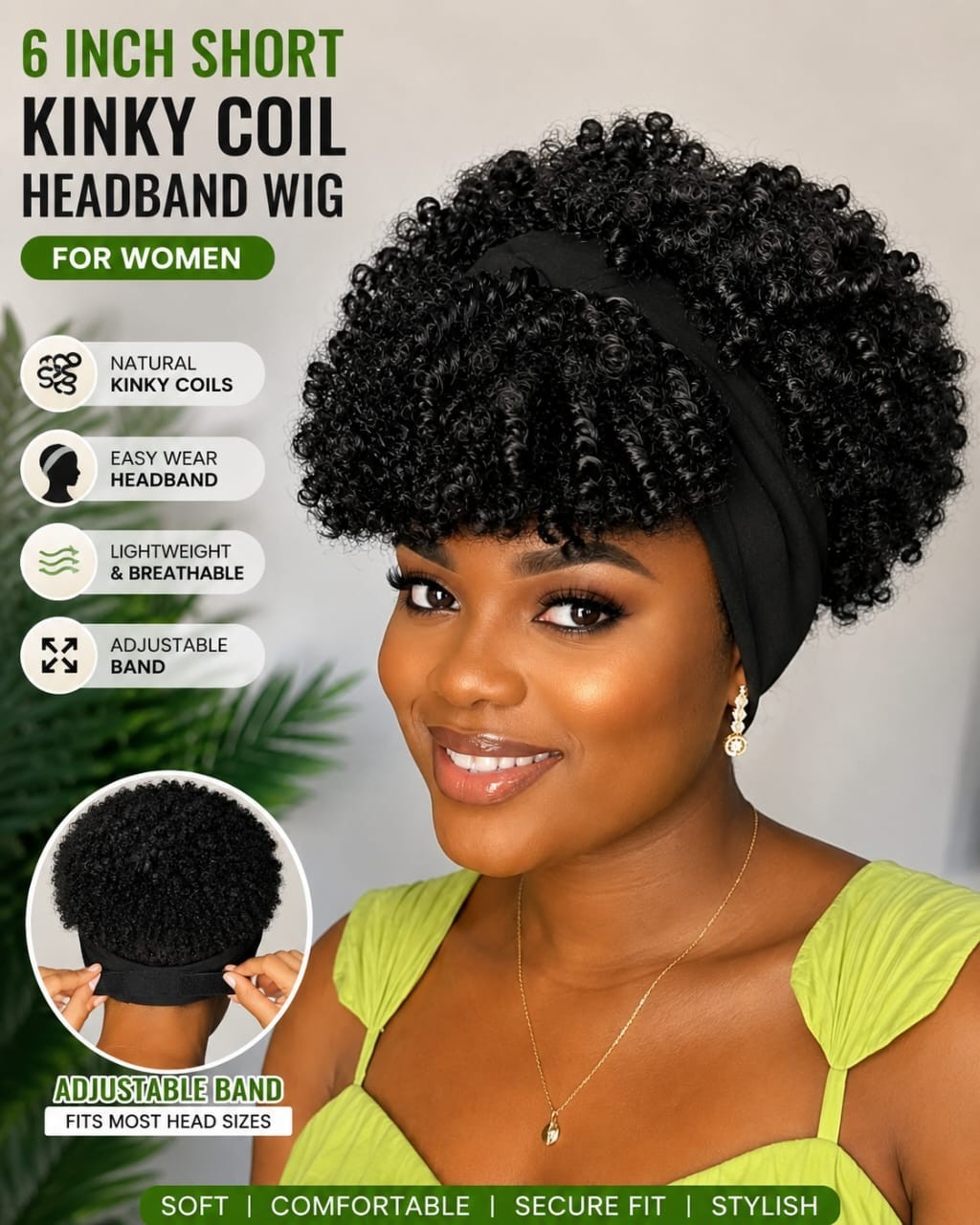 Women’s 6-Inch Short Kinky Coil Headband Wig, Natural Black Synthetic Wig