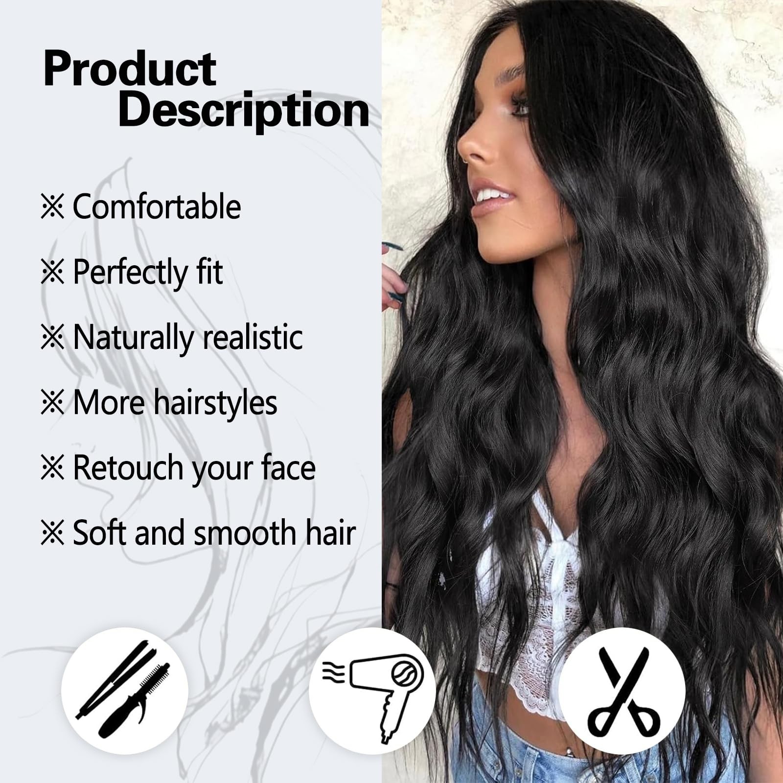 Black Wigs for Women Middle Part Long Wavy Wig 26 Inch Lace Hairline Natural …
