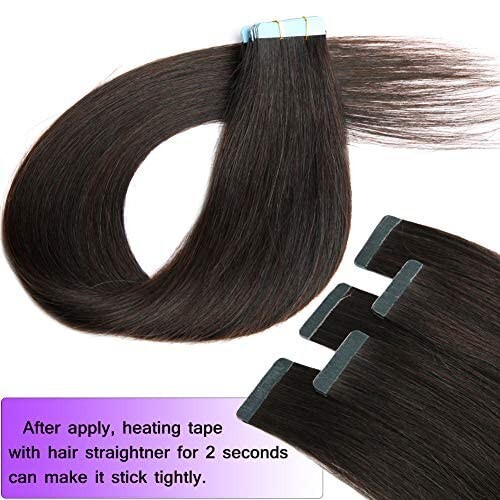 Tape in Real Human Hair Extensions Dark Brown #2 Seamless Straight Skin Weft 14″