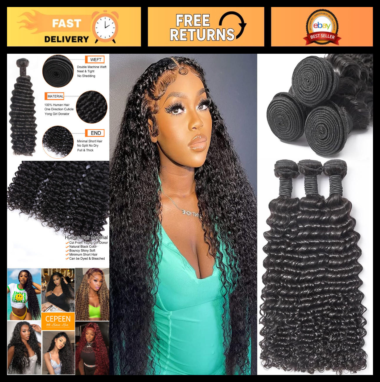 12A Curly Human Hair Bundles 20″ 22″ 24″ Deep Wave Wet & Wavy Extensions – Natur