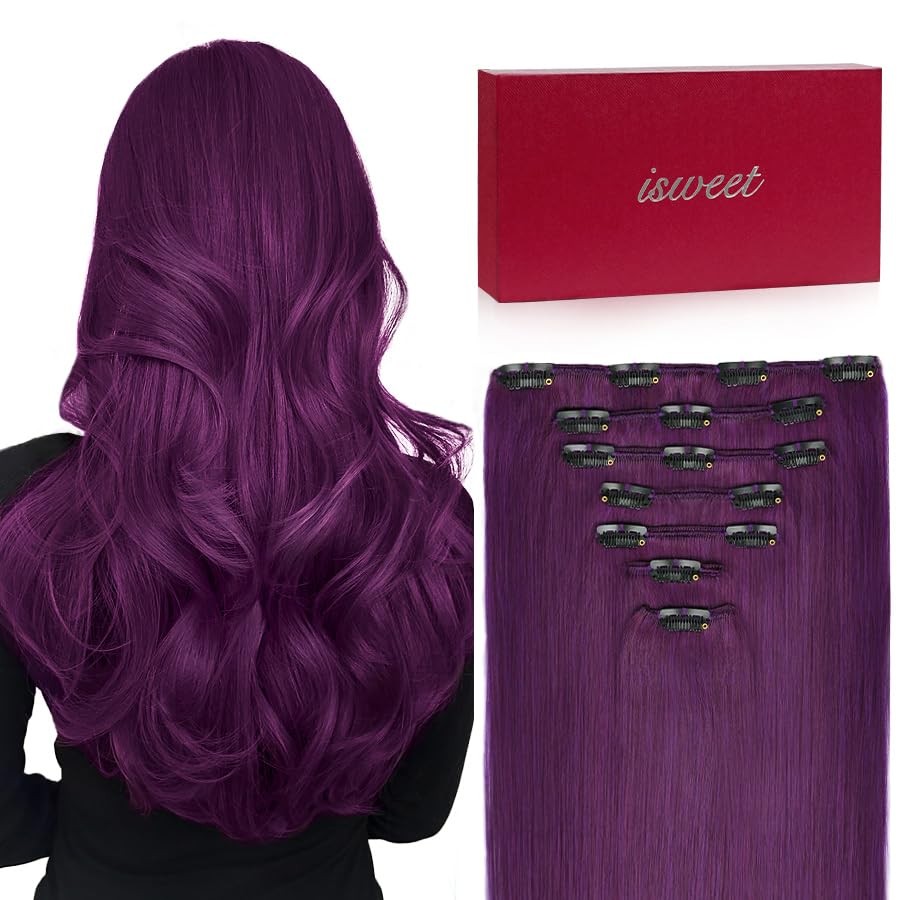 7Pcs Clip in Hair Extensions Real Human Hair, 14 Inch 95g Violet Soft Real Human