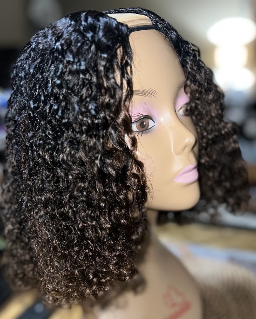 100% HUMAN HAIR WIG CURLY WATER WAVE HAIR -UPART NATURAL COLOR 12-14 IN” NEW