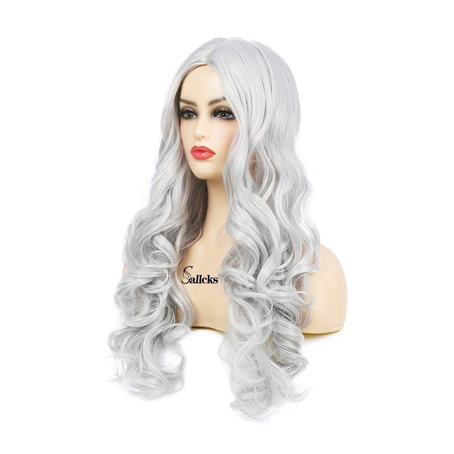 Women’s Long Curly Wavy Silver Gray Wigs Cosplay Costume Halloween Wigs Synth…