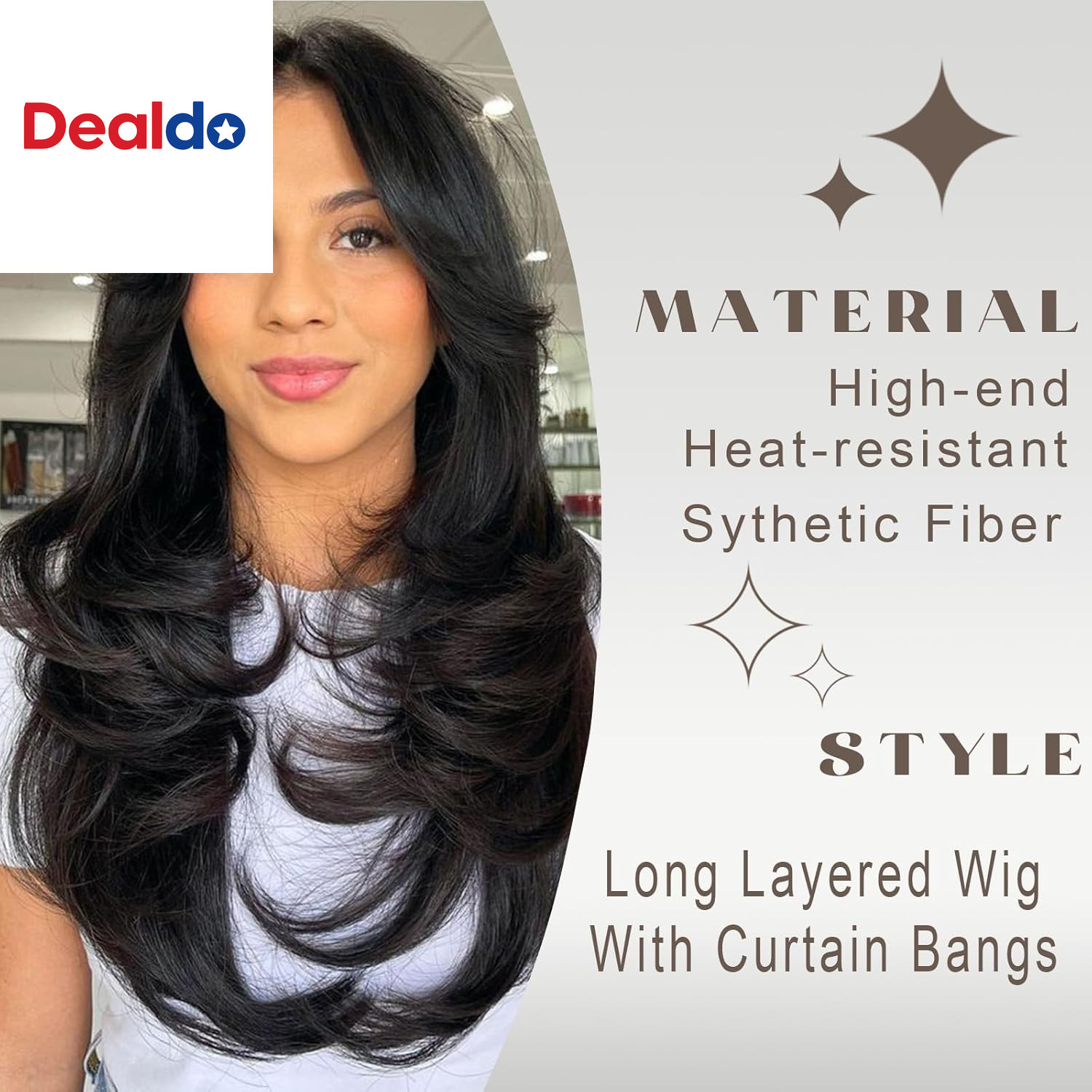Long Wavy Highlight Brown Layered Wig with Curtain Bangs for Black Women Synthet
