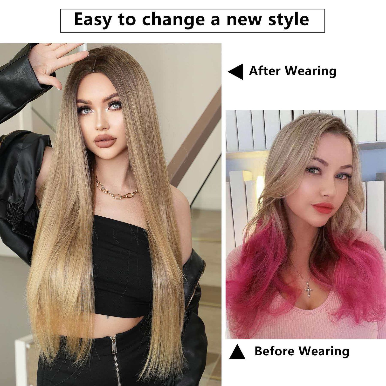 Long Brown to Gold Ombre Straight Wig for Women Heat Resistant Cosplay Party