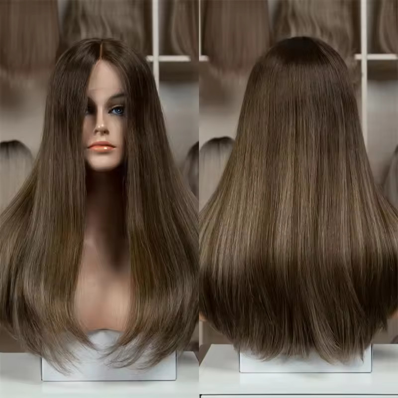 100% HUMAN BRAZILIAN HAIR KOSHER JEWISH WIG DARK BROWN HIGHLIGHTS M CAP