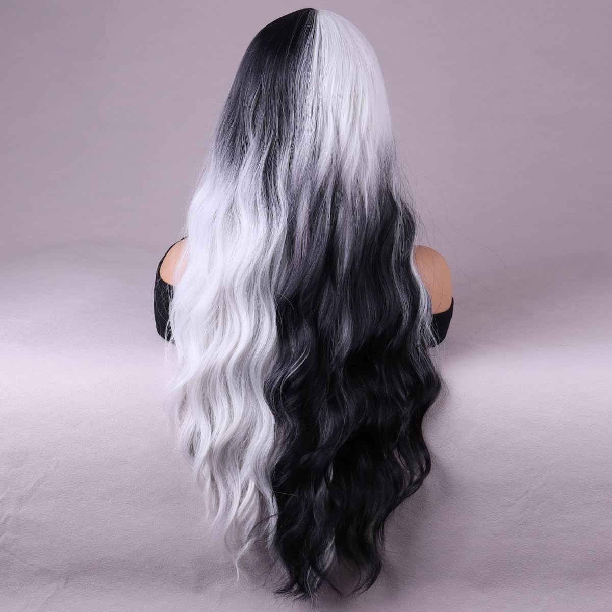 Black White Wig Long Wavy Split Wigs for Women Long Curly Black White Wig for…
