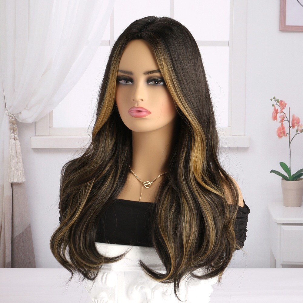 24″ Long Brown to Gold Ombre Wavy Wig for Women Heat Resistant Synthetic Cosplay