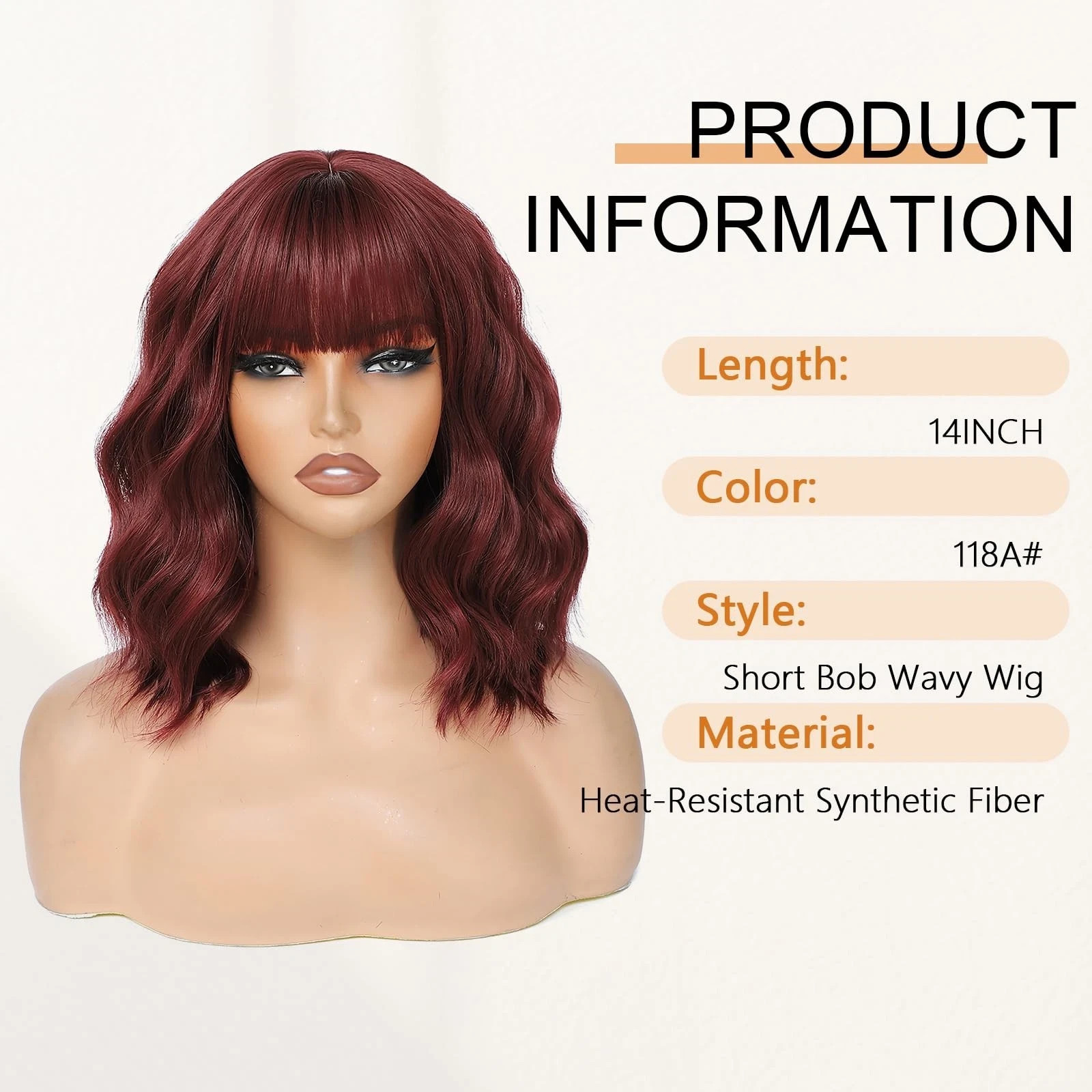 Short Red BOB Wave Wigs with Bang Shoulder Length Synthetic Hair for Women
