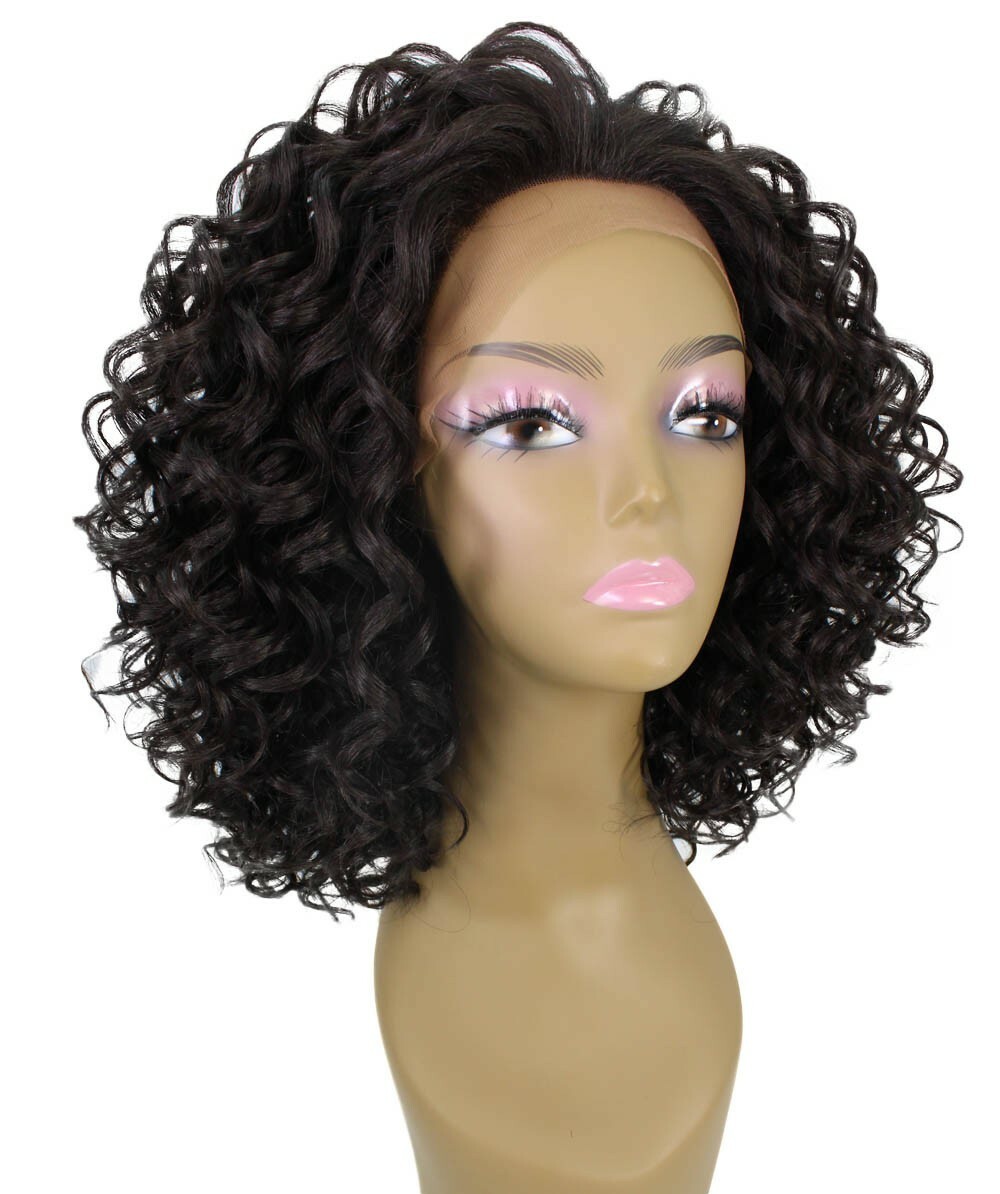 LUXLUXE Oya Curly 14.5 Inch Long 4X4 Hand-Tied Lace Front Wig, Dark Brown