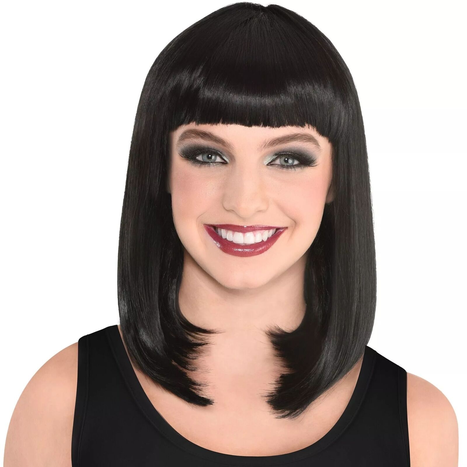 Women’s Black Bob Wig Short Straight Synthetic Fiber Hair Full Bangs Cosplay Wig